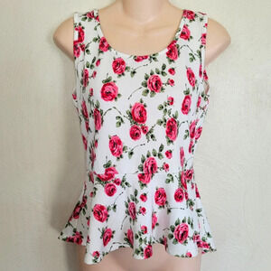 Toura White Floral Peplum Sleeveless Blouse Top Back Cutouts Size Women's Small